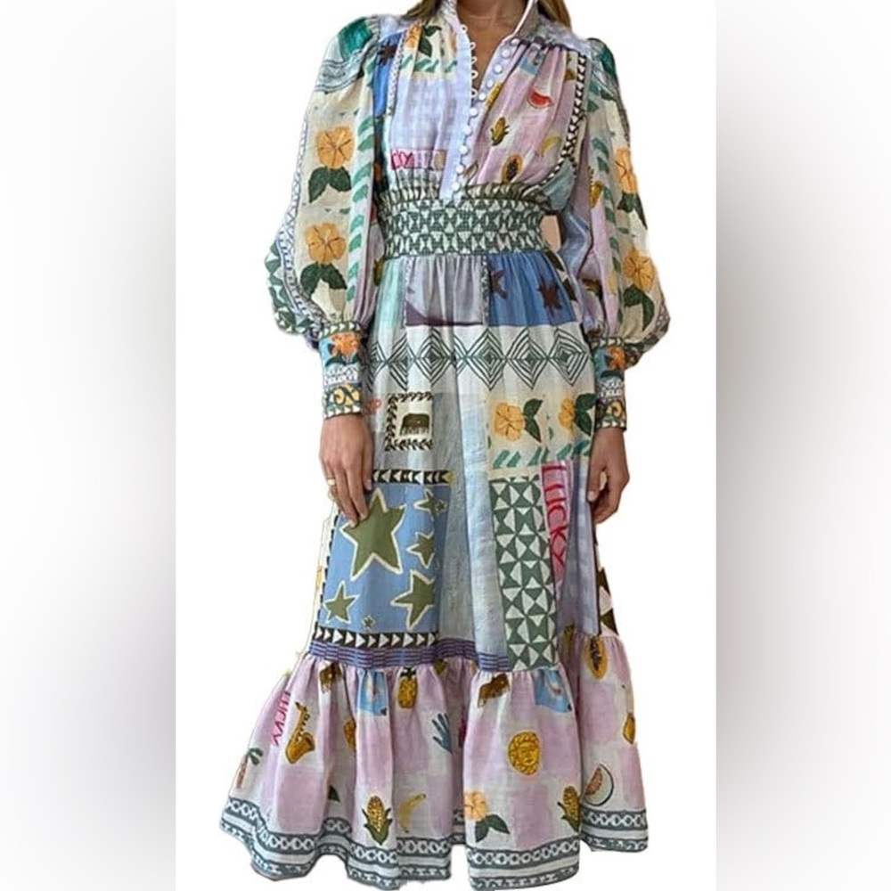 Vacation Style Printed Bubble Sleeve Dress